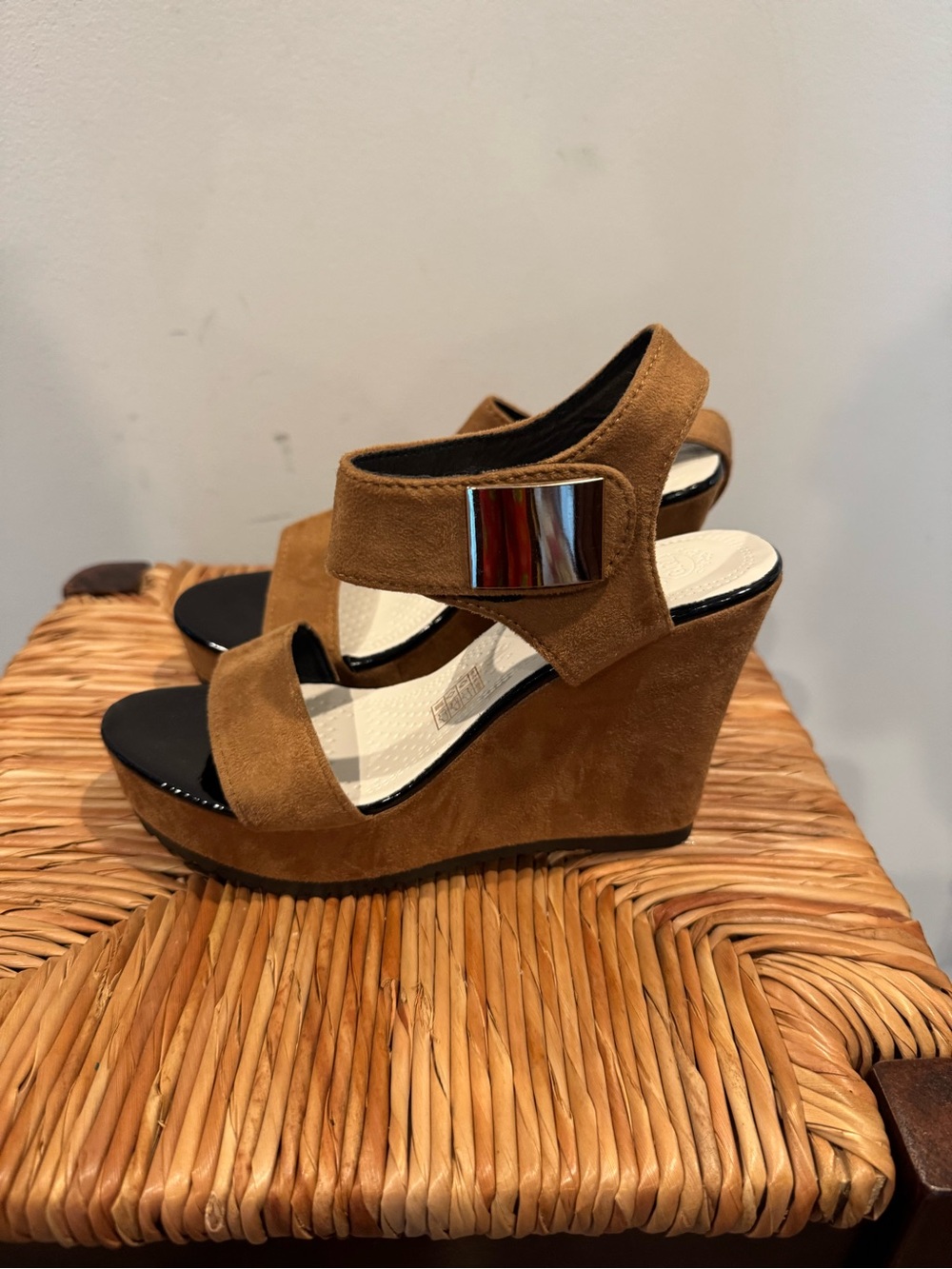 Women’s Suede Tan Wedge Sandals with Metallic Accent Strap